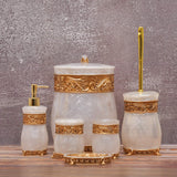 Jade Design Embroidered Porcelain Bathroom Accessories Set with Bin N Brush-6 Pcs