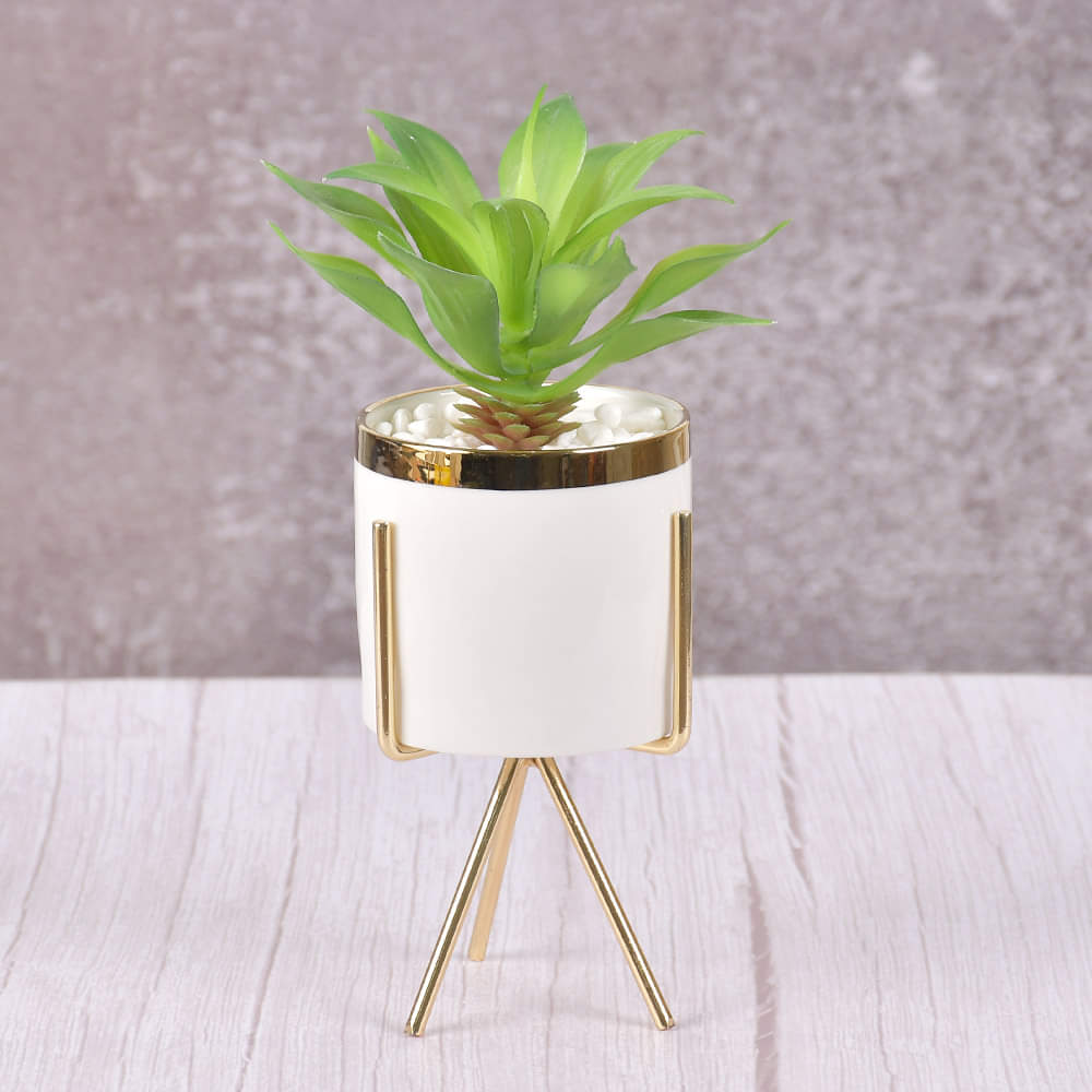 White Classic Marble Finish Porcelain Flower Pot with Planter (Artificial Plants)-Medium