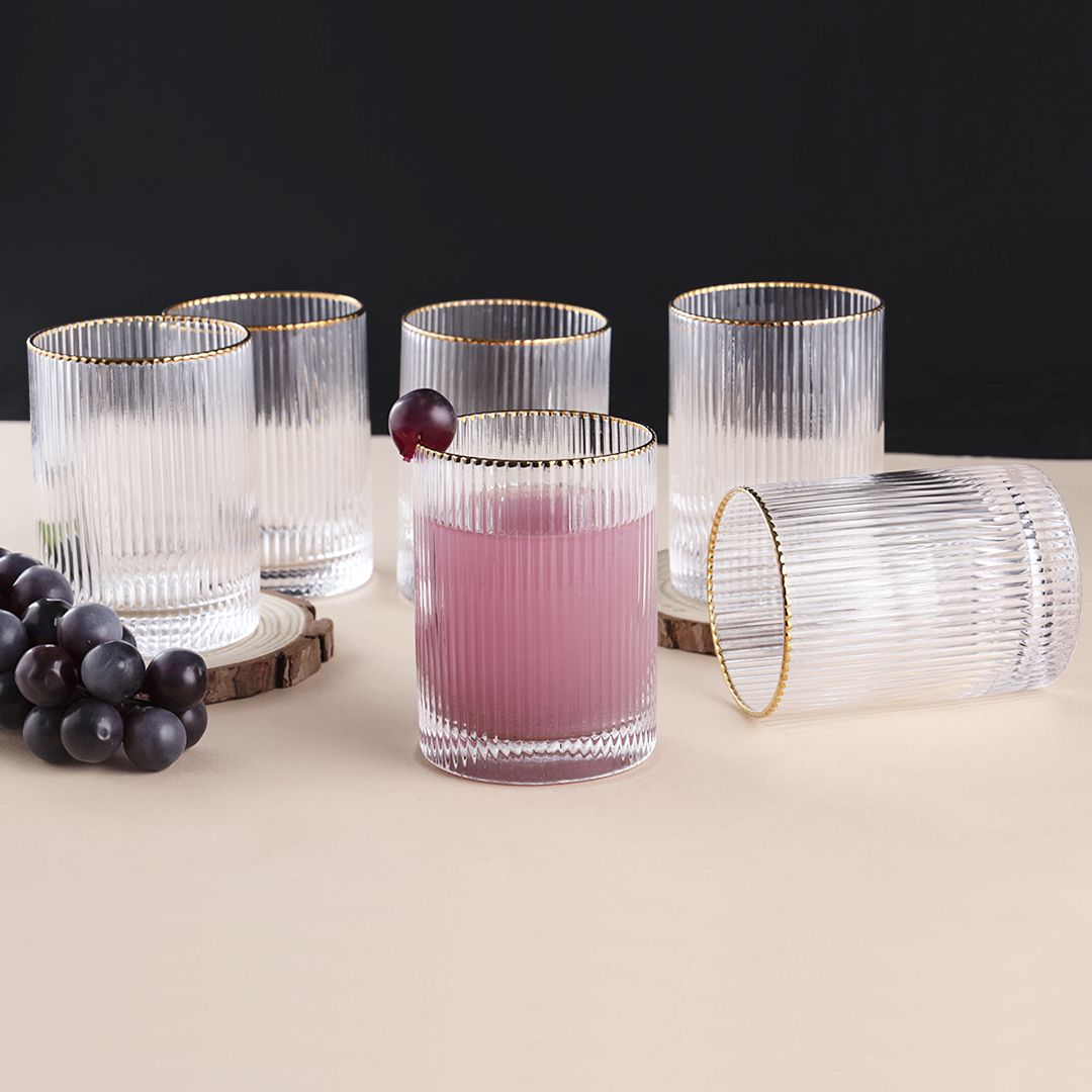 Ridged Stripe Gold Rim Glass Set- 6 Pcs