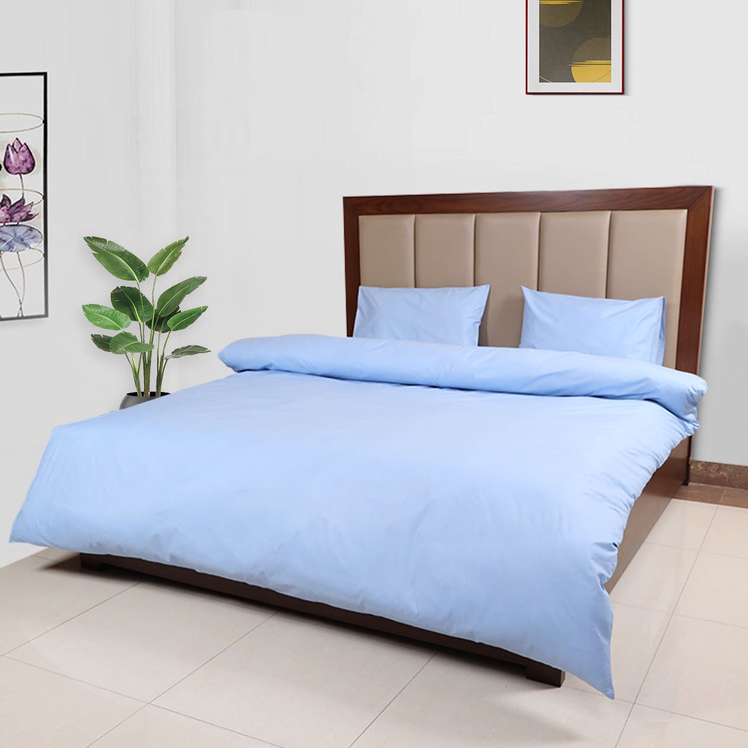 3- Pcs Plain Blue Cotton Duvet Cover Set