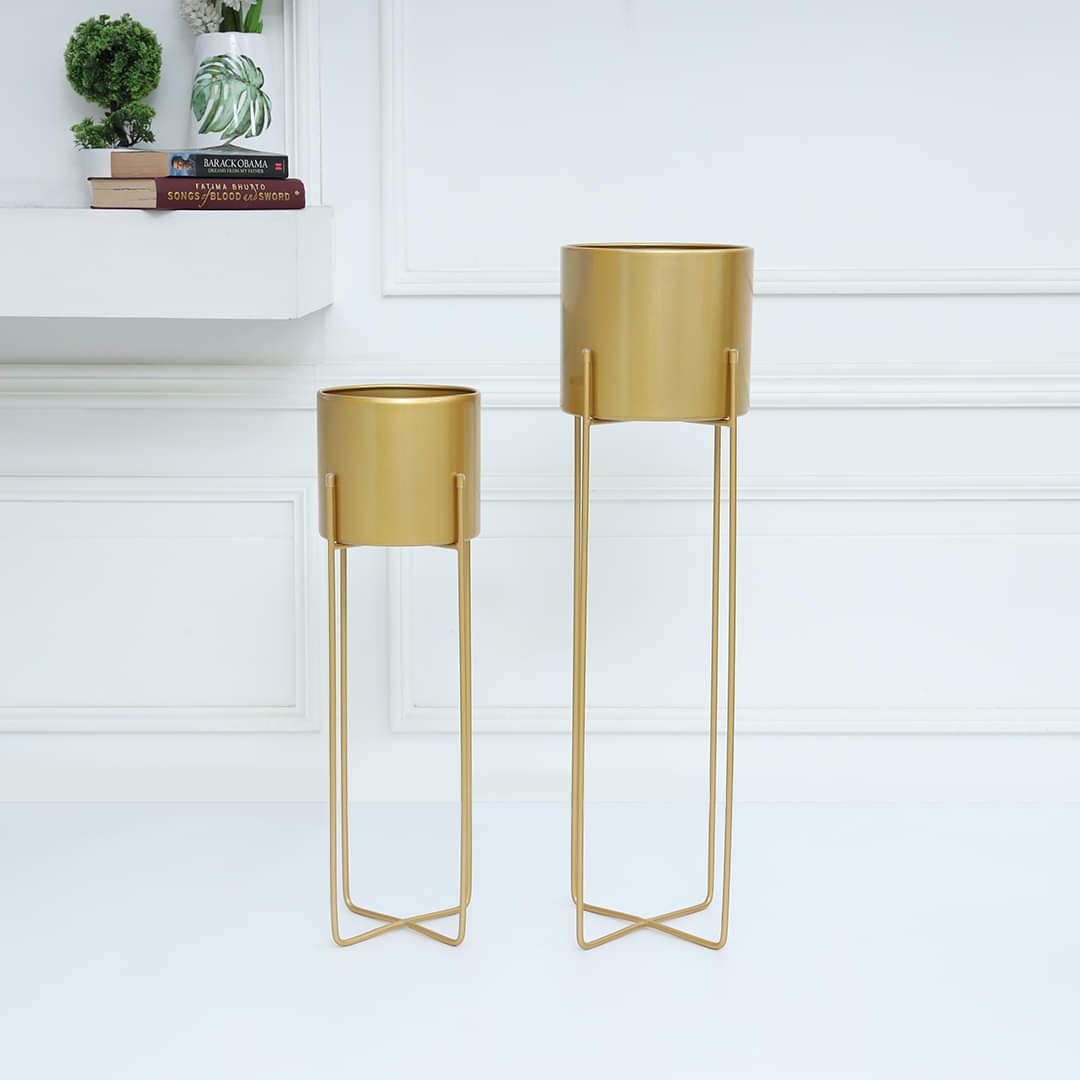 Metal Burnish Iron Base Gold Floor Planter Pot With Gold Stand