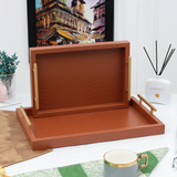 Pair of Elegant PU Leather Brown Serving Tray With Golden Handle