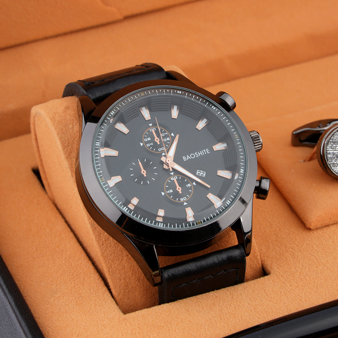 Baoshite Endeavour Stainless Steel & Leather Men's Watch Gift Set