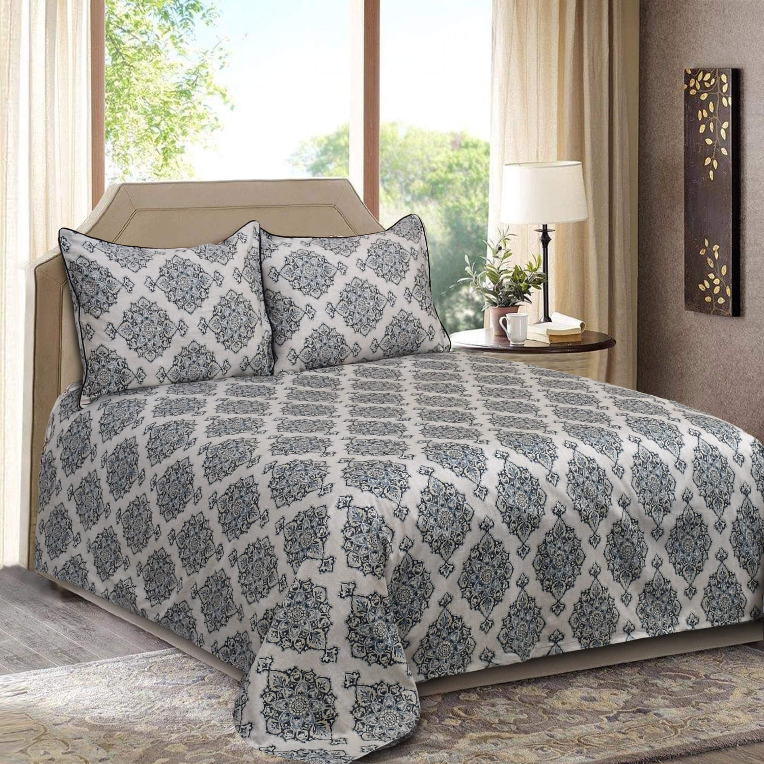Premium Cotton Satin King Size Bedsheet Set 3 Pcs-Grey Floral Design (Thread Count 250)