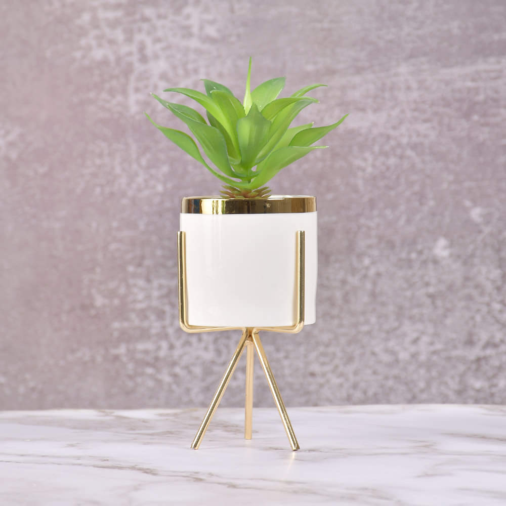White Classic Marble Finish Porcelain Flower Pot with Planter (Artificial Plants)-Medium