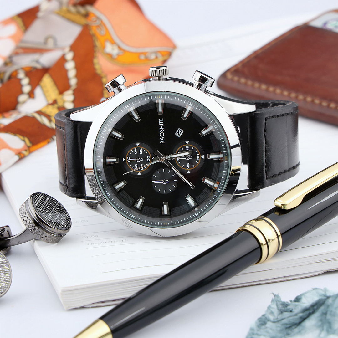 Baoshite Stainless Steel and Leather Men's Watch Gift Set