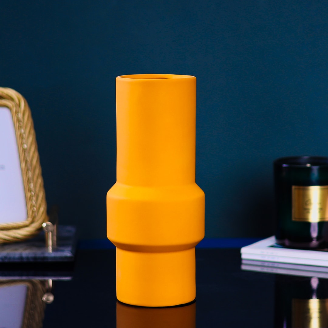 Matte Mustard Pole Design Centerpiece Ceramic Vase