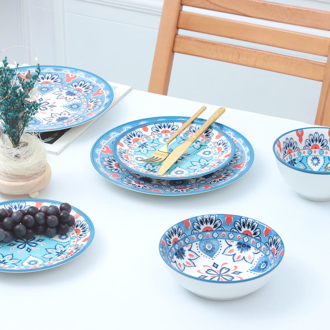 Turquoise Accent Floral Ceramic Dinner Set-24 Pcs