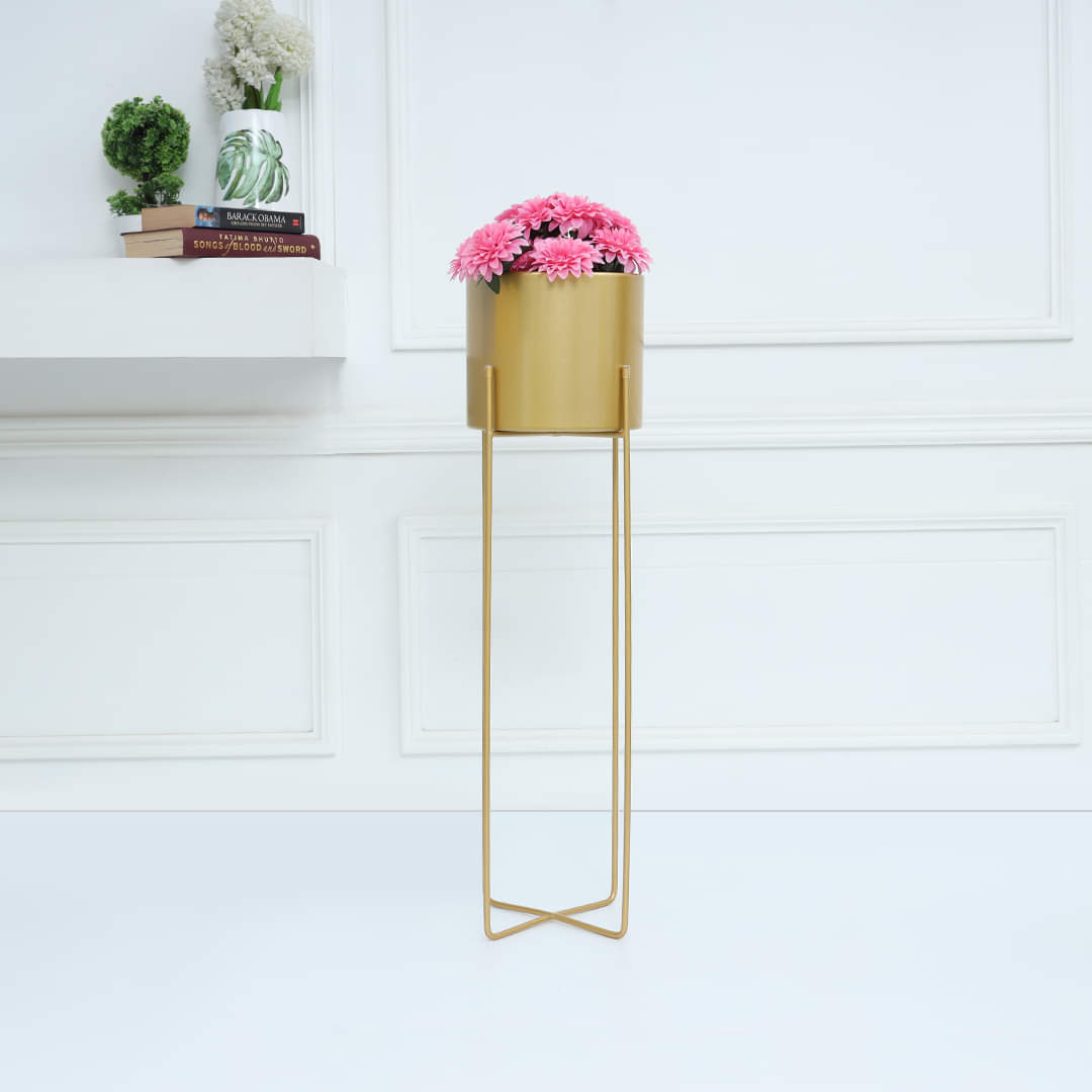 Metal Burnish Iron Base Gold Floor Planter Pot With Gold Stand