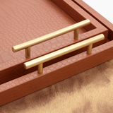 Pair of Elegant PU Leather Brown Serving Tray With Golden Handle