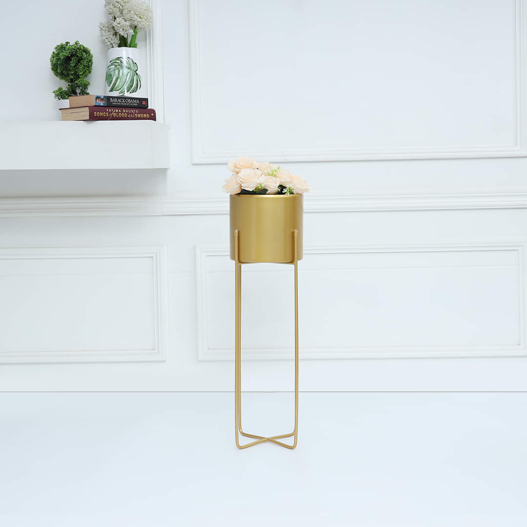 Metal Burnish Iron Base Gold Floor Planter Pot With Gold Stand