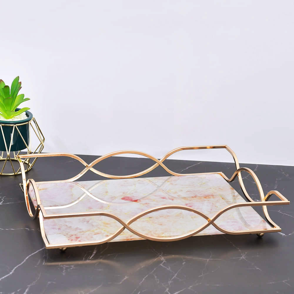 Nordic Flamingo Marble Pattern Tempered Glass Tray With Chrome Handles