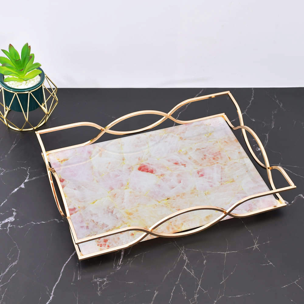Nordic Flamingo Marble Pattern Tempered Glass Tray With Chrome Handles