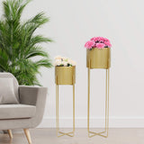 Metal Burnish Iron Base Gold Floor Planter Pot With Gold Stand