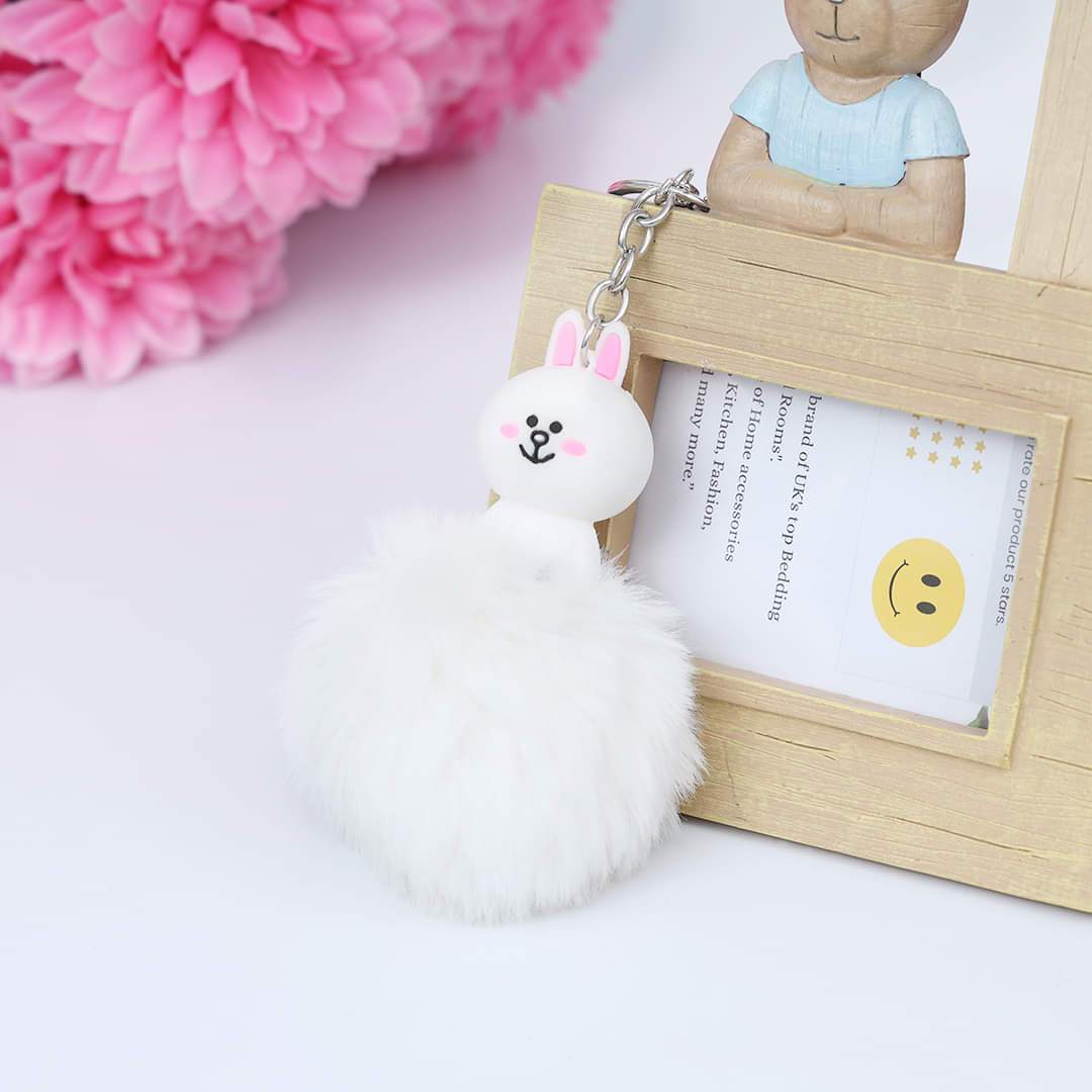 White Rabbit Character Fluffy Ball hanging Keychain (Any Random Color)