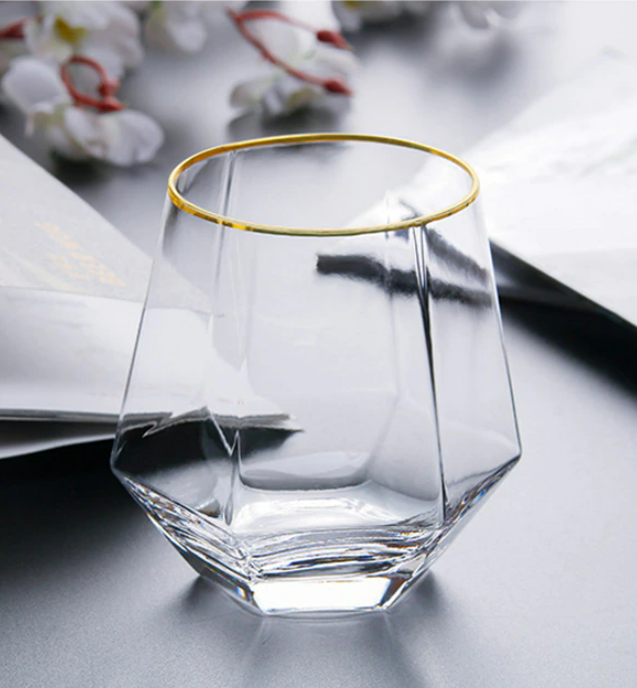 Diamond Shaped Gold Rim Anti Rocking Glass Set- 6 Pcs