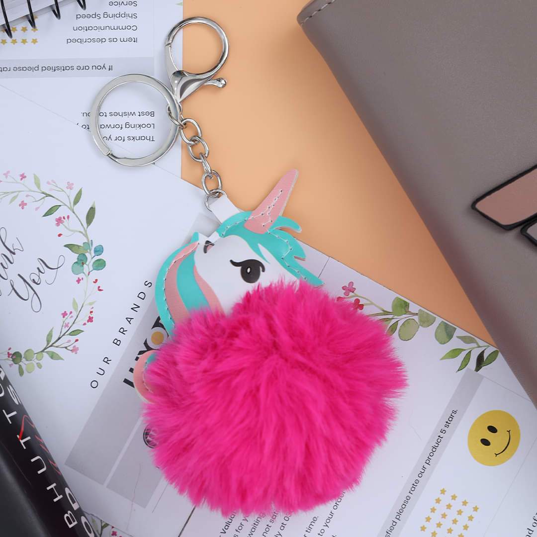 Unicorn Character Fluffy Ball hanging Keychain (Any Random Color)