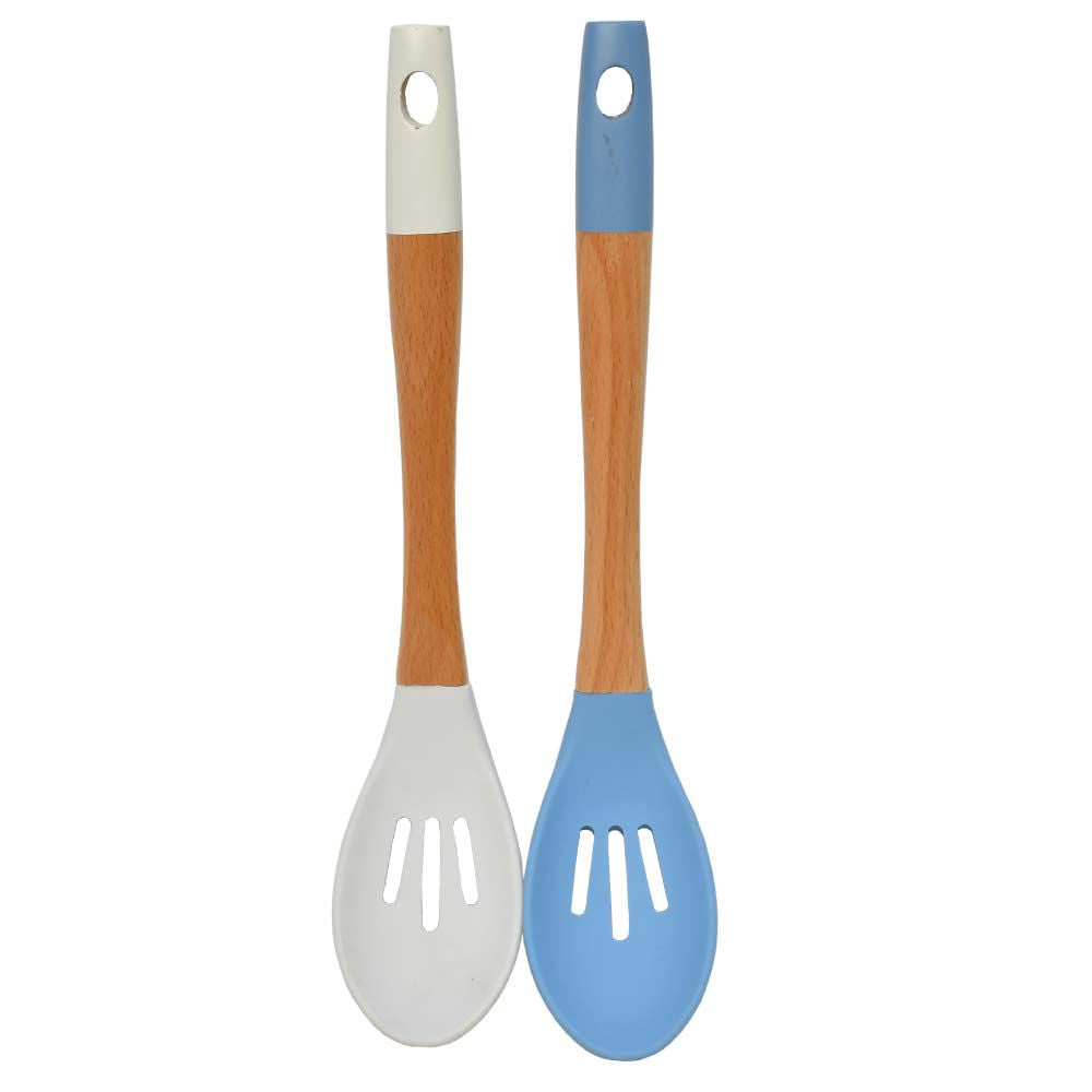 Bamboo Wood Silicone Slotted Serving Spoon