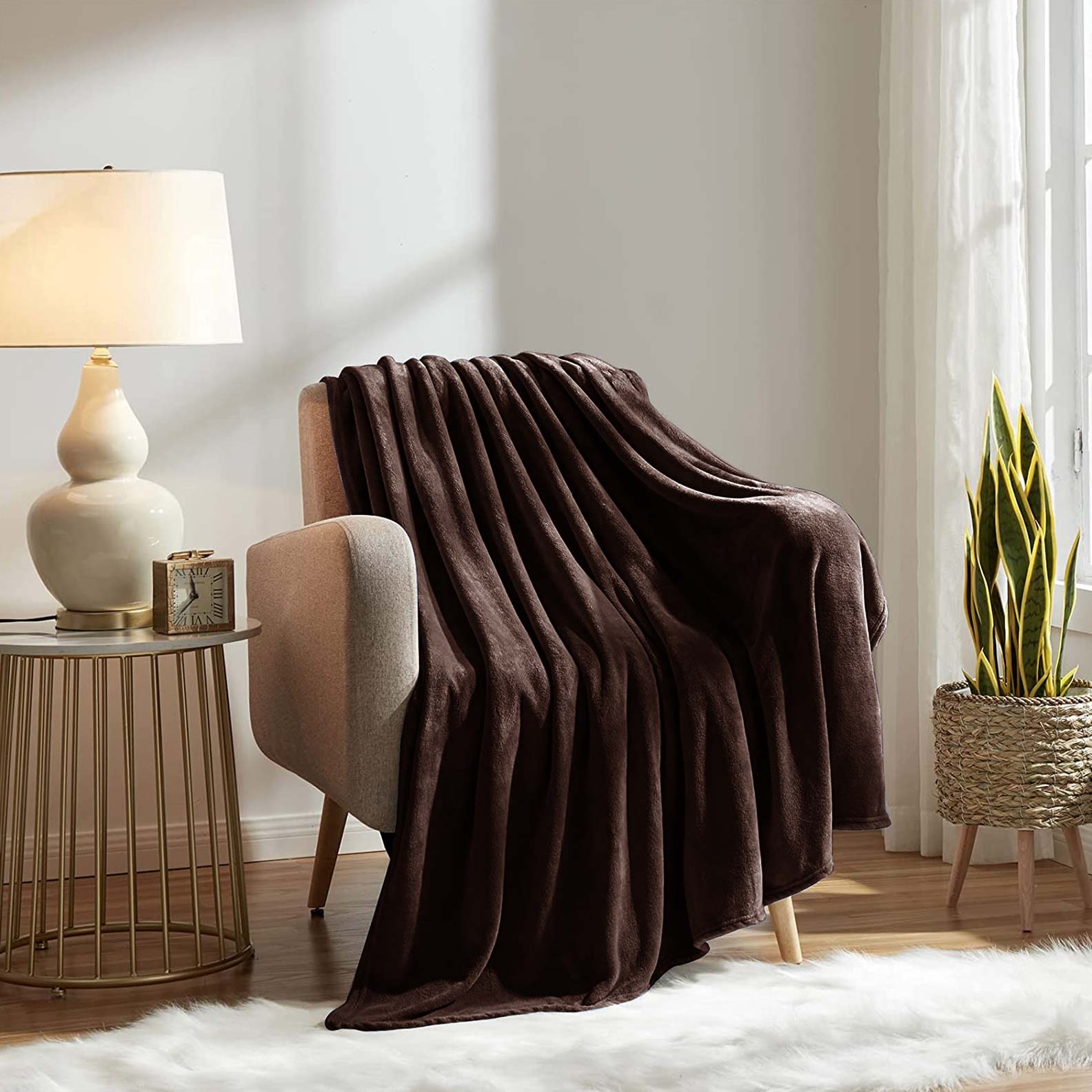 Fluffy Mink Fleece Throw Blanket- Brown