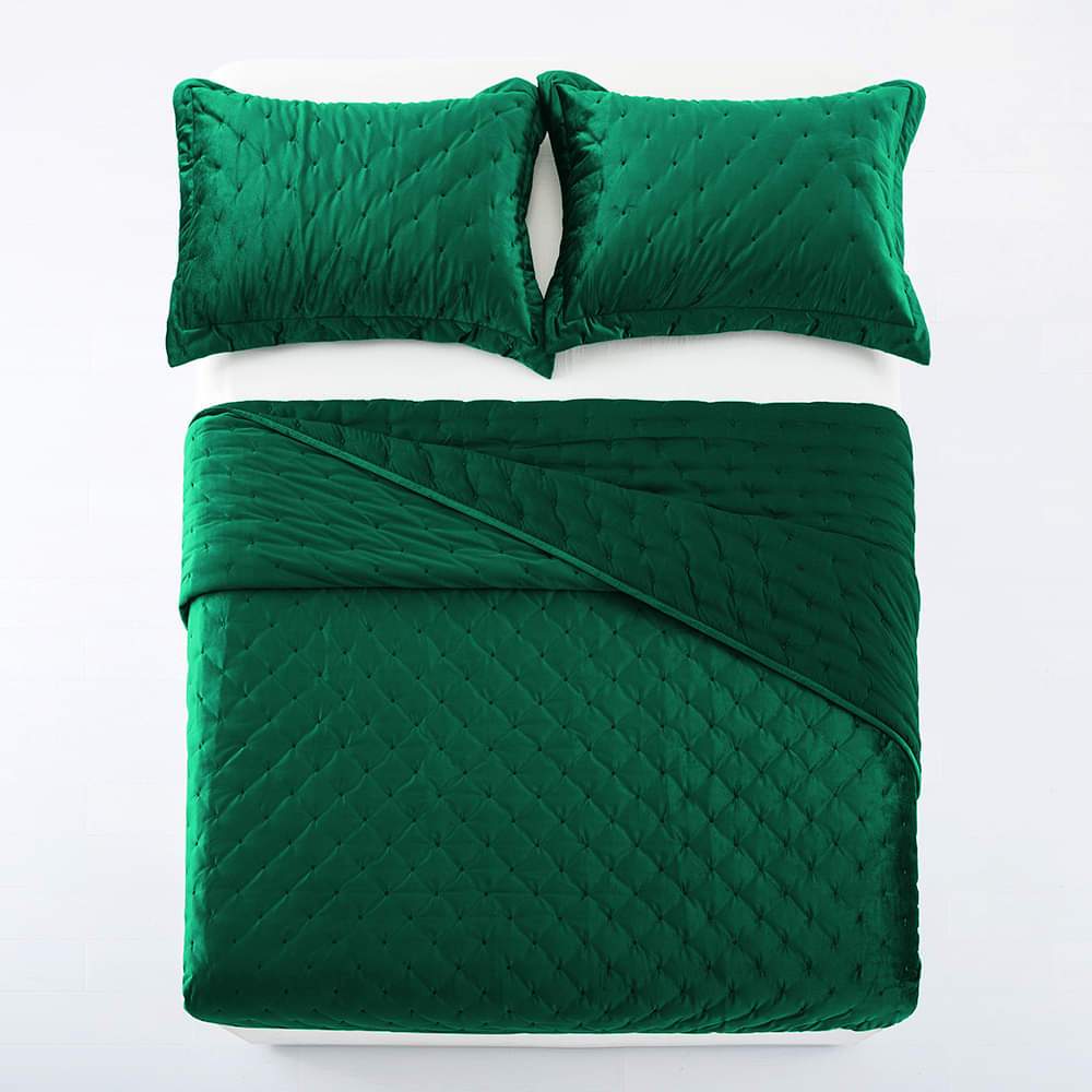 Crushed Velvet Green Bedding Bedspread Set