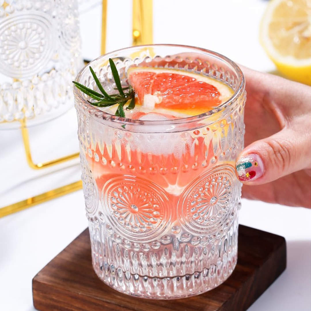 Embossed Floral Drinking Glass Set- 6 Pcs