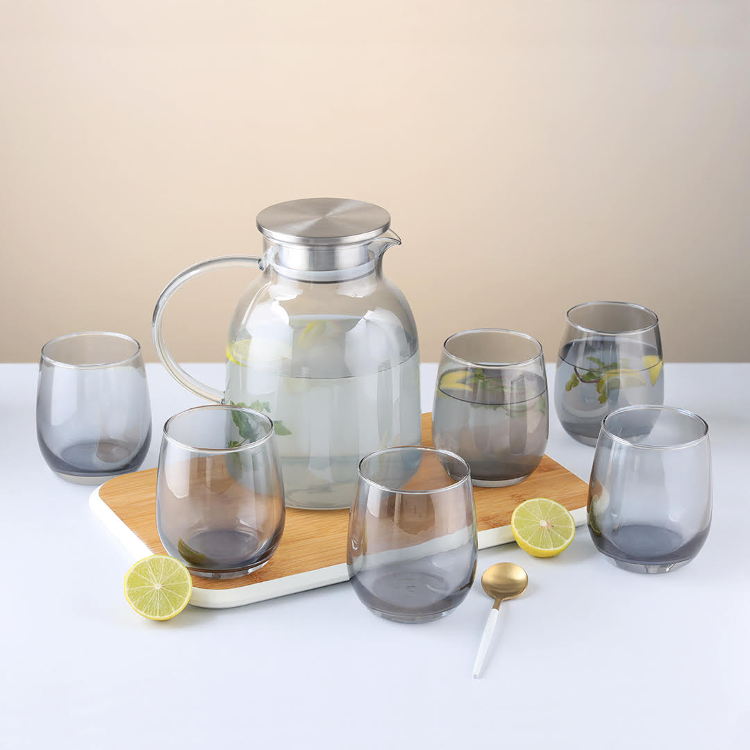 Borosilicate Glass Jug Set Silver with Stainless Steel Filter Lid - 7 Pcs