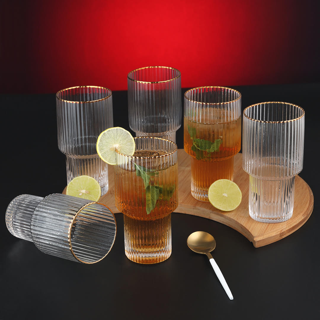 Vertical Stripe Gold Rimmed Fluted Bottom Glass Set-6 Pcs