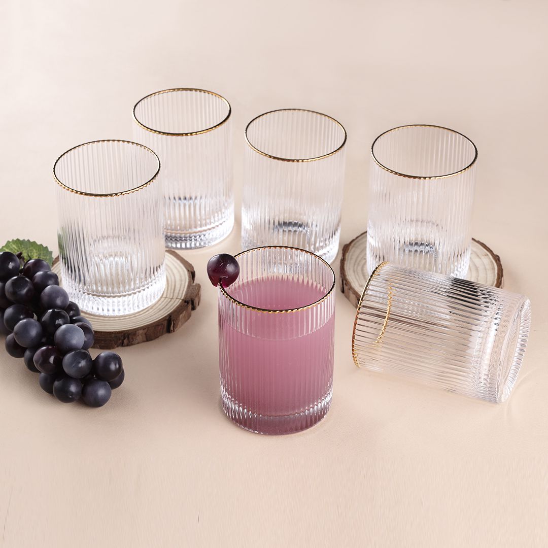 Ridged Stripe Gold Rim Glass Set- 6 Pcs