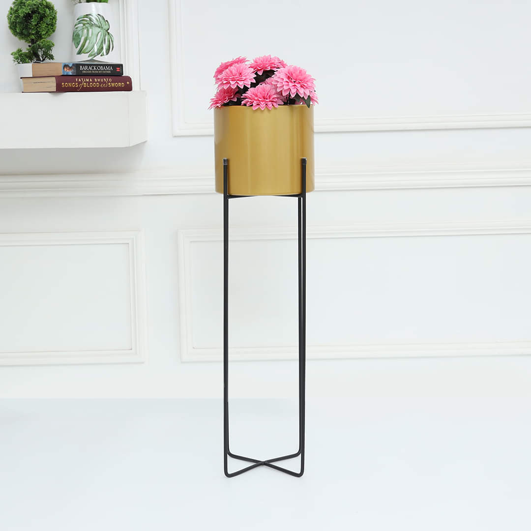 Metal Emiliano Iron Base Gold Floor Planter Pot With Black Stand