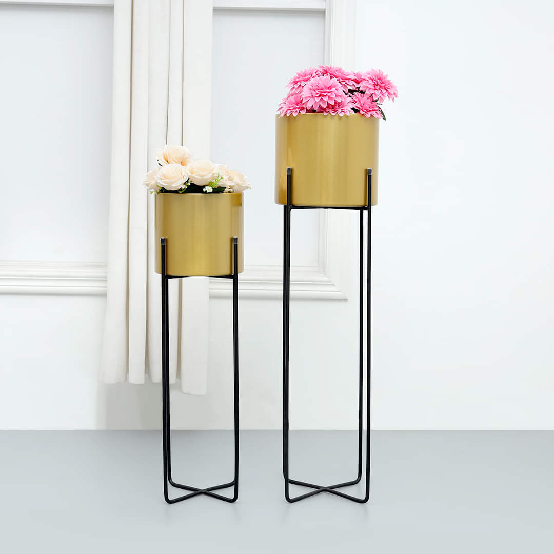 Metal Emiliano Iron Base Gold Floor Planter Pot With Black Stand