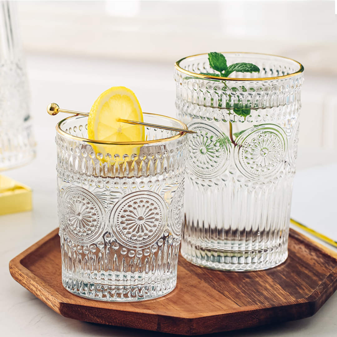 Gold Rimmed Embossed Floral Drinking Glass Set- 6 Pcs