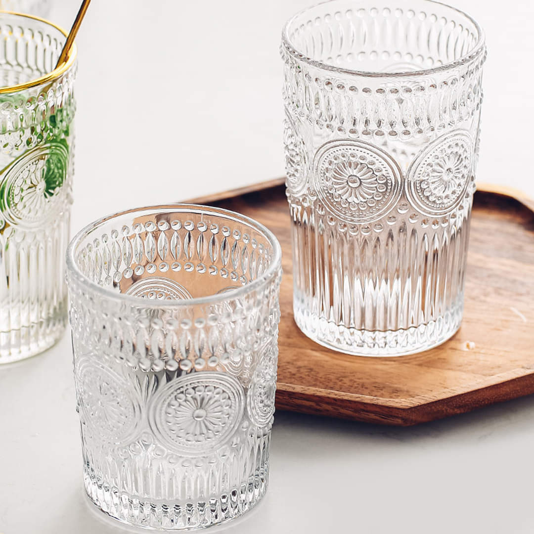 Embossed Floral Drinking Glass Set- 6 Pcs