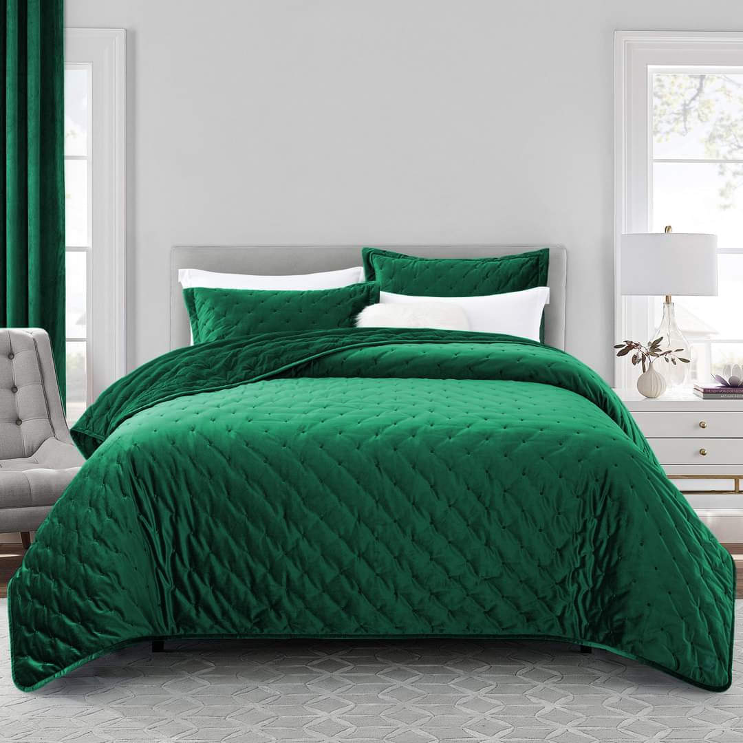 Crushed Velvet Green Bedding Bedspread Set