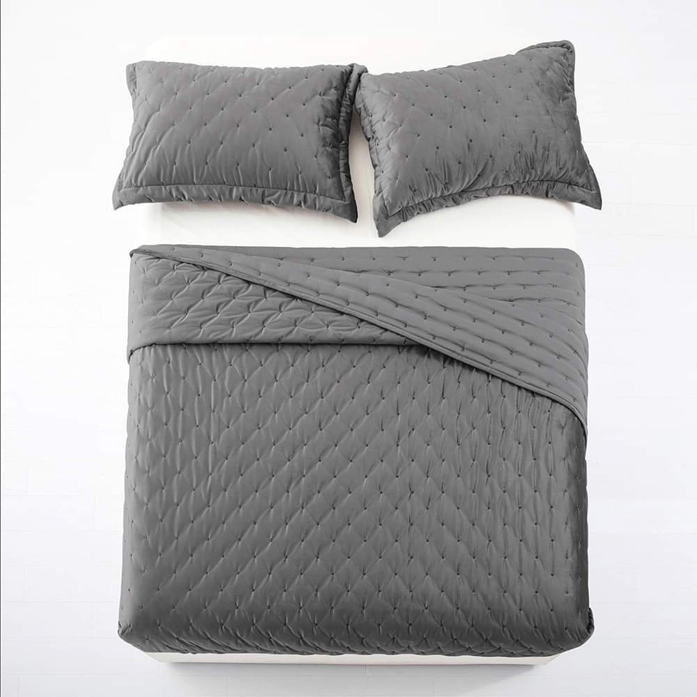 Crushed Velvet Grey Bedding Bedspread Set