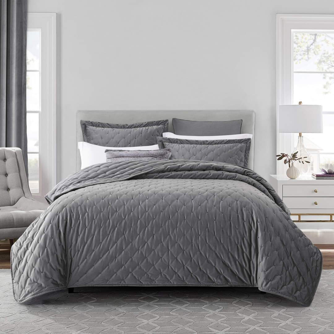 Crushed Velvet Grey Bedding Bedspread Set