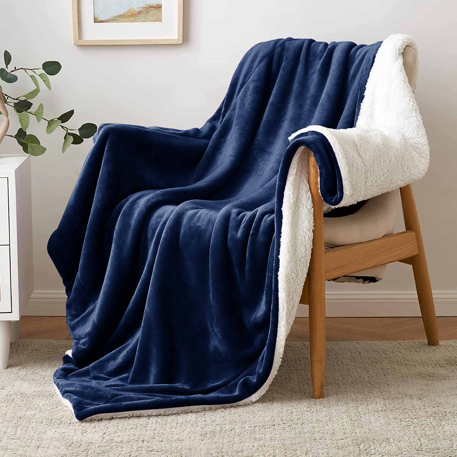 Ultra Soft Sherpa Throw Blanket - Navy