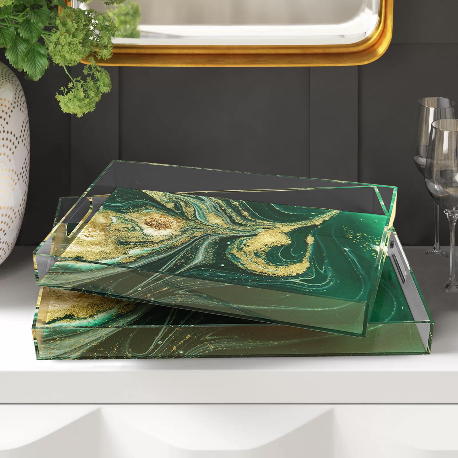 Pair of Arctic Sea Green Marble Pattern Acrylic Serving Tray