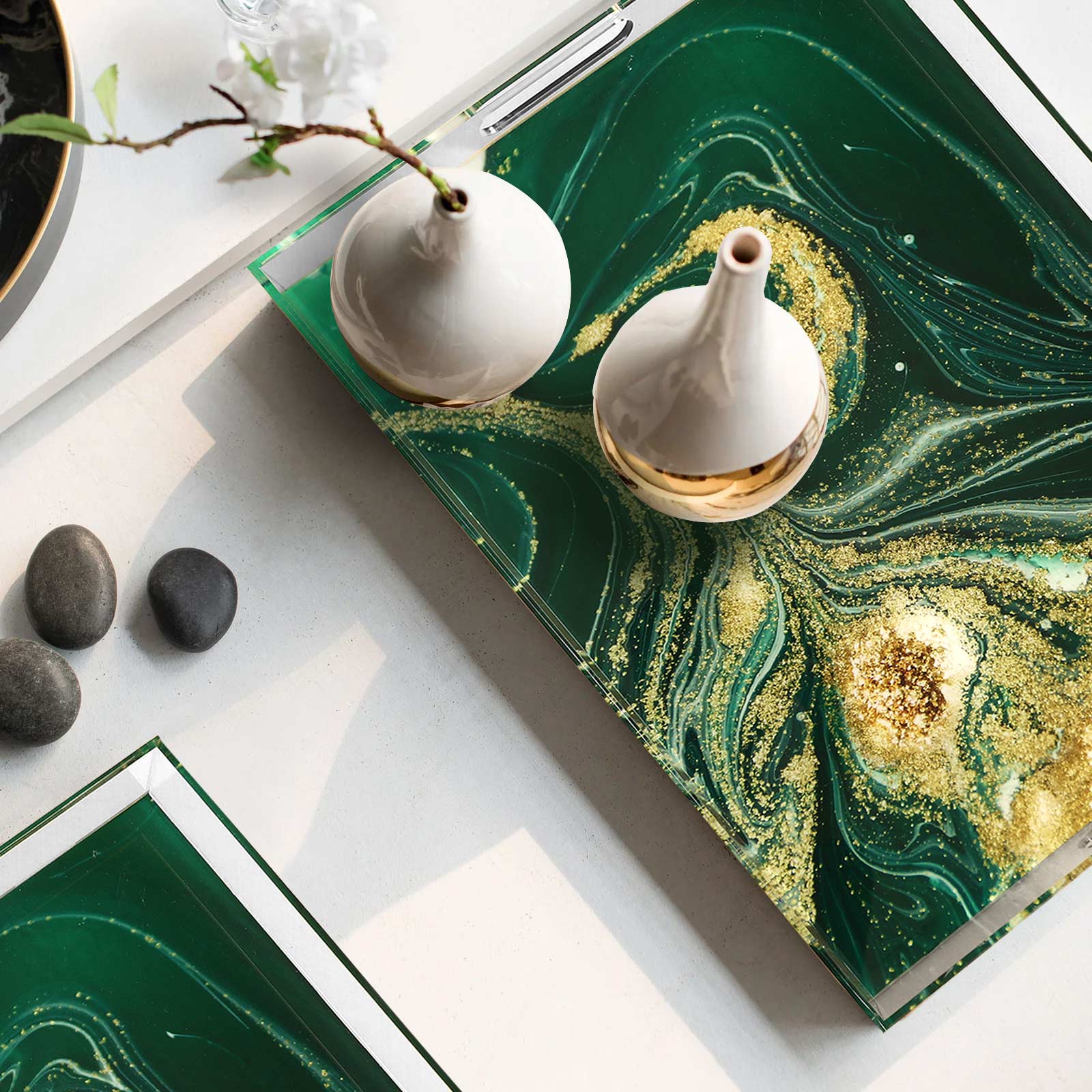 Pair of Arctic Sea Green Marble Pattern Acrylic Serving Tray