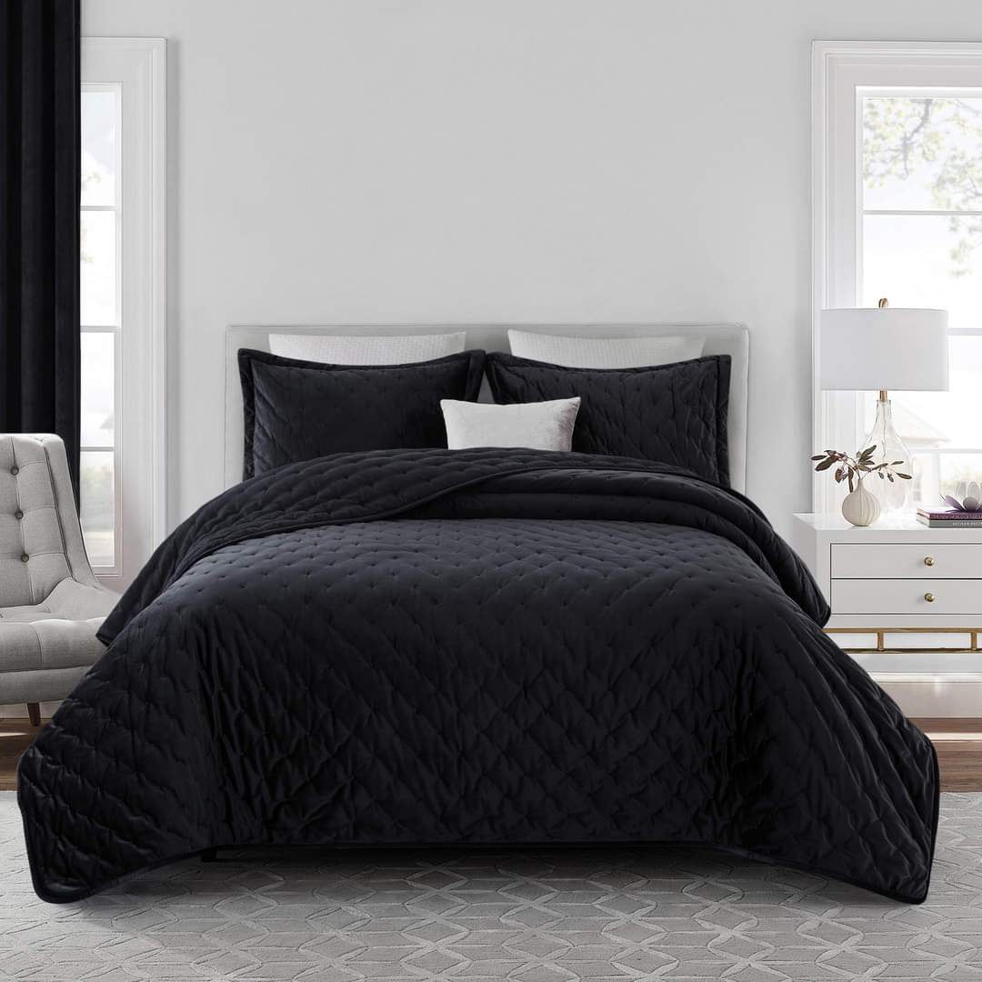 Crushed Velvet Black Bedding Bedspread Set