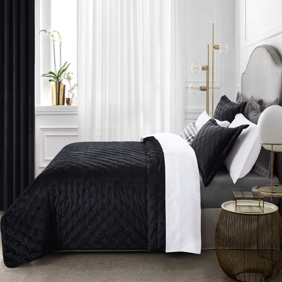 Crushed Velvet Black Bedding Bedspread Set