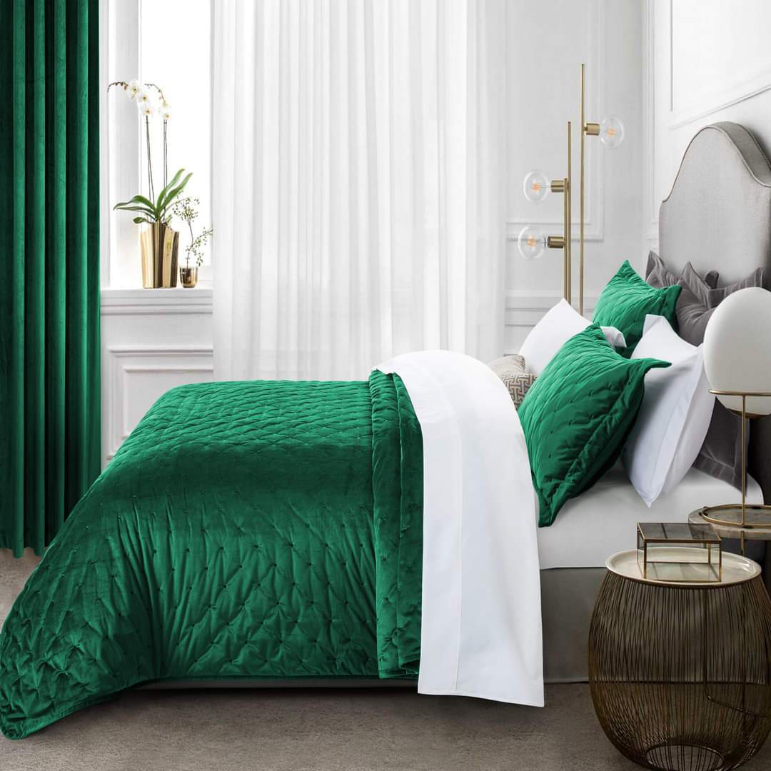 Crushed Velvet Green Bedding Bedspread Set