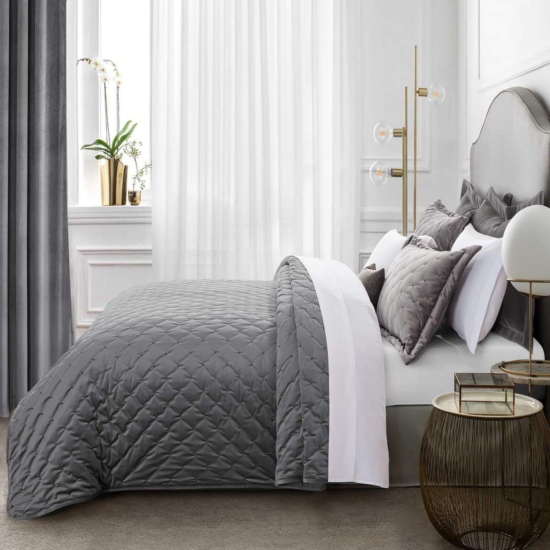 Crushed Velvet Grey Bedding Bedspread Set