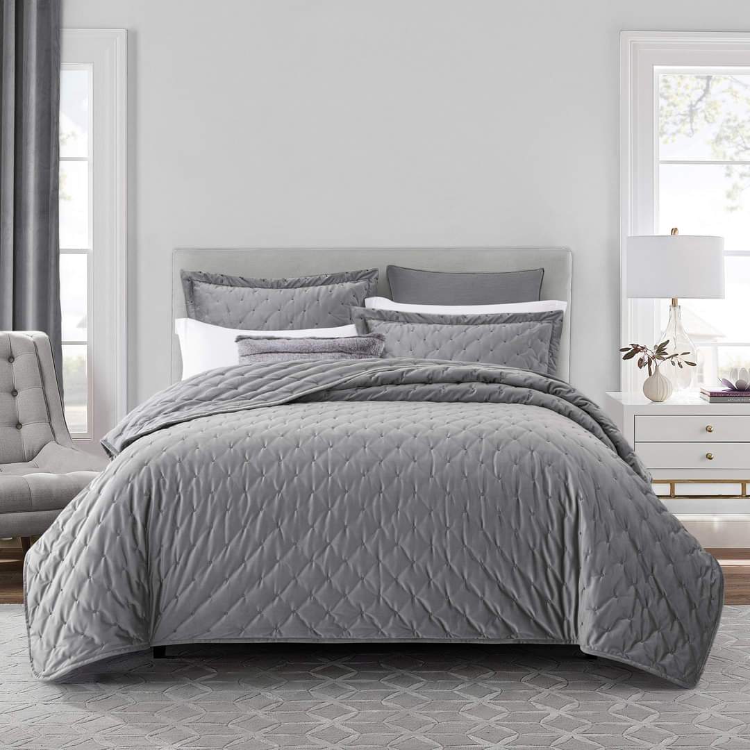 Crushed Velvet Grey Bedding Bedspread Set