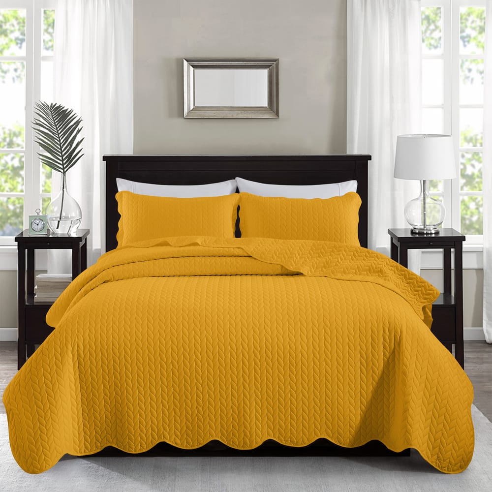 Embossed Fabric Quilted Bedspread Set 3 Pcs- Ochre